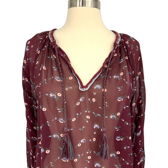Ulla Johnson Lida Blouse Top Maroon Floral Silk Chiffon V-Neck Size 2 S Sheer - Picture 2 of 14
